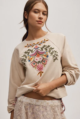By Anthropologie Embroidered Short Sleeve Sweatshirt