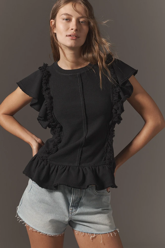 Pilcro Short-Sleeve Ruffled Fringe Sweatshirt