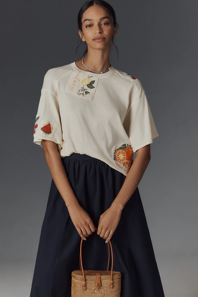 Maeve Short-Sleeve Fruit-Embroidered Top
