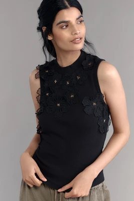 By Anthropologie Sleeveless 3D Floral Appliqué Top