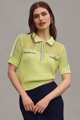 Central Park West Short-Sleeve Collared Open-Stitch Sweater