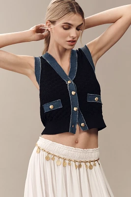 Laundry by Shelli Segal V-Neck Pointelle Denim-Trim Sweater Vest