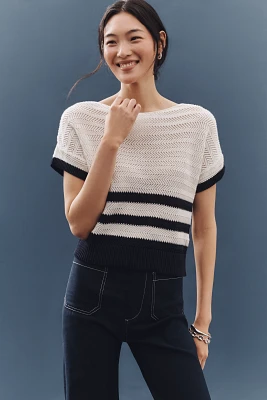 Ellen Tracy Dolman-Sleeve Open-Stitch Striped Sweater