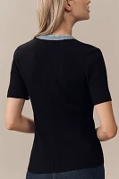 Ellen Tracy Short-Sleeve V-Neck Mixed Media Ribbed Sweater