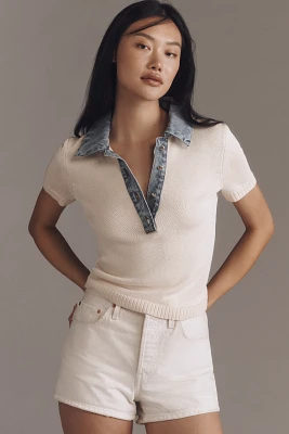 SER.O.YA Denim-Collar Short-Sleeve Sweater