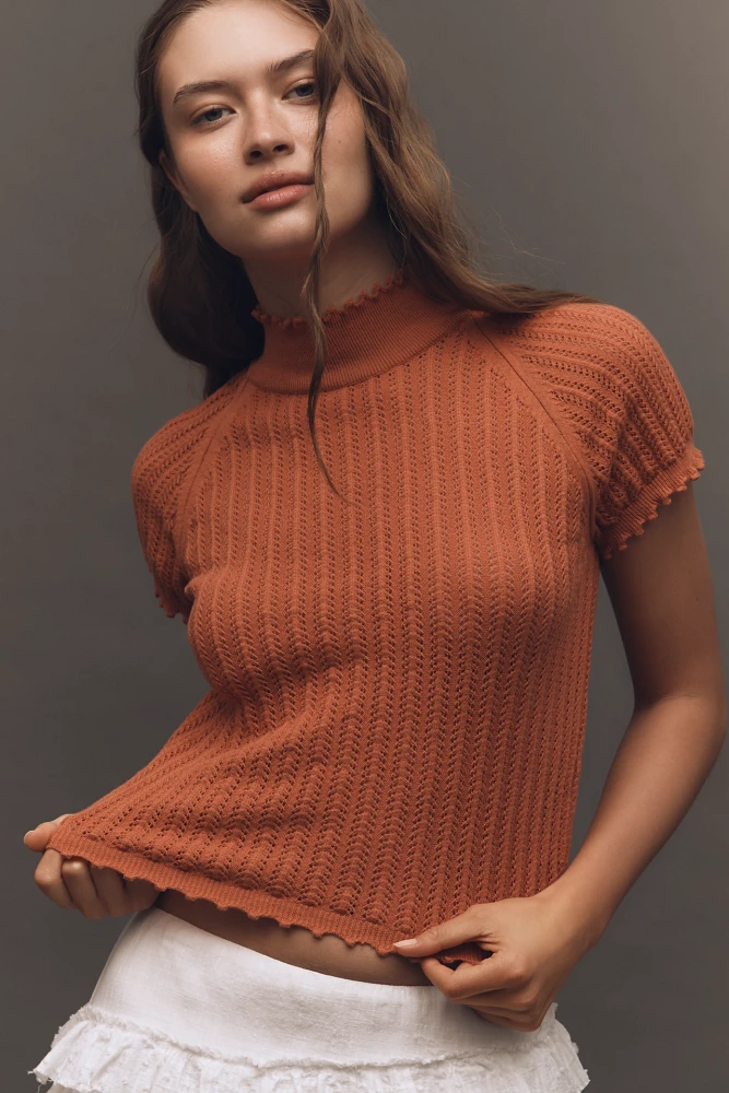 By Anthropologie Mock-Neck Pointelle Ruffle-Trim Sweater Tee