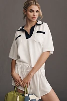 Essentiel Antwerp Hoiseau Short-Sleeve Collared V-Neck Floral Sequin Sweater