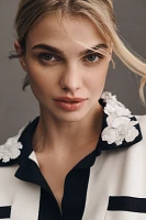 Essentiel Antwerp Hoiseau Short-Sleeve Collared V-Neck Floral Sequin Sweater