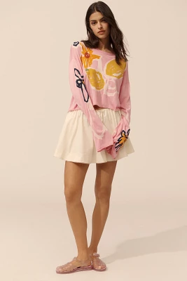Lingua Franca Reina Silk Blend Crew-Neck Bell-Sleeve Crop Lemon Motif Sweater