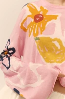 Lingua Franca Reina Silk Blend Crew-Neck Bell-Sleeve Crop Lemon Motif Sweater