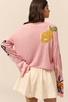 Lingua Franca Reina Silk Blend Crew-Neck Bell-Sleeve Crop Lemon Motif Sweater