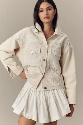 By Anthropologie Lace Denim Trucker Jacket