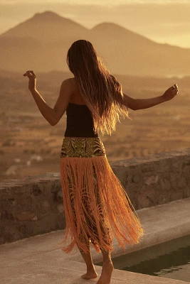 Farm Rio Pineapple Tapestry Fringe Printed Satin Midi Skirt