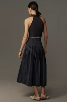Maeve Pleated Button-Front Basque-Waist Midi Skirt