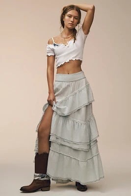 Pilcro Asymmetric Ruffled Tiered Maxi Skirt