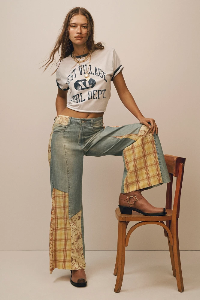 The Adi Patchwork Mid-Rise Flare Jeans by Pilcro