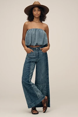The Adi Patchwork Mid-Rise Flare Jeans by Pilcro