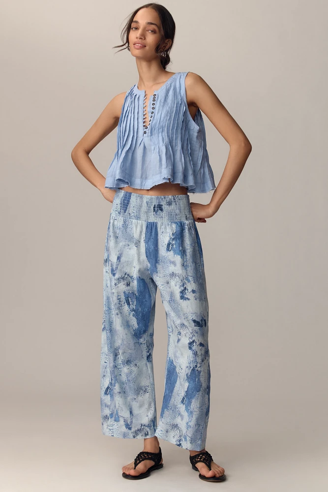 The Reese Printed Smocked Pull-On Barrel Pants by Pilcro