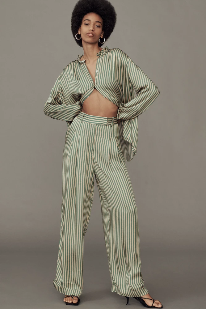 Mille Cara High-Rise Striped Satin Wide-Leg Trouser Pants