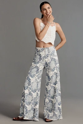 The Adi Printed Linen Mid-Rise Flare Pants by Pilcro