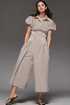 Maeve Puff-Sleeve Basque-Waist Wide-Leg Jumpsuit