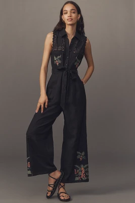 Ranna Gill Belted Crochet Jumpsuit