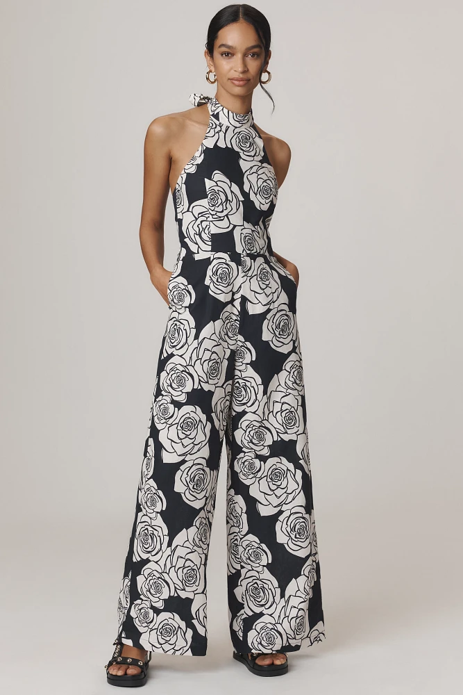 KIVARI Carmen Rose Linen Blend Halter Wide-Leg Jumpsuit