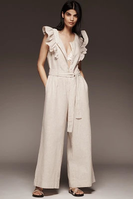 By Anthropologie Linen Blend Ruffle Jumpsuit