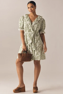 English Factory Plus Puff-Sleeve V-Neck Ruffled Mini Dress