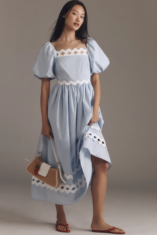 English Factory Ric Rac Puff-Sleeve Midi Dress