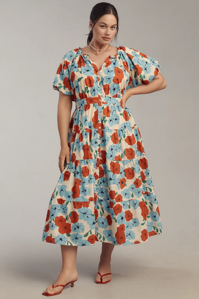 English Factory Plus Puff-Sleeve Tiered Floral Midi Dress