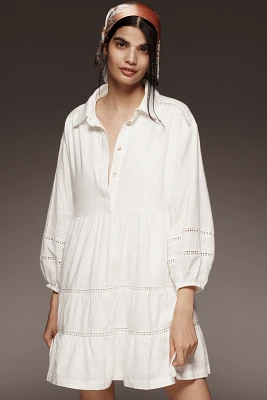 The Bettina Linen Blend Tiered Mini Shirt Dress by Maeve
