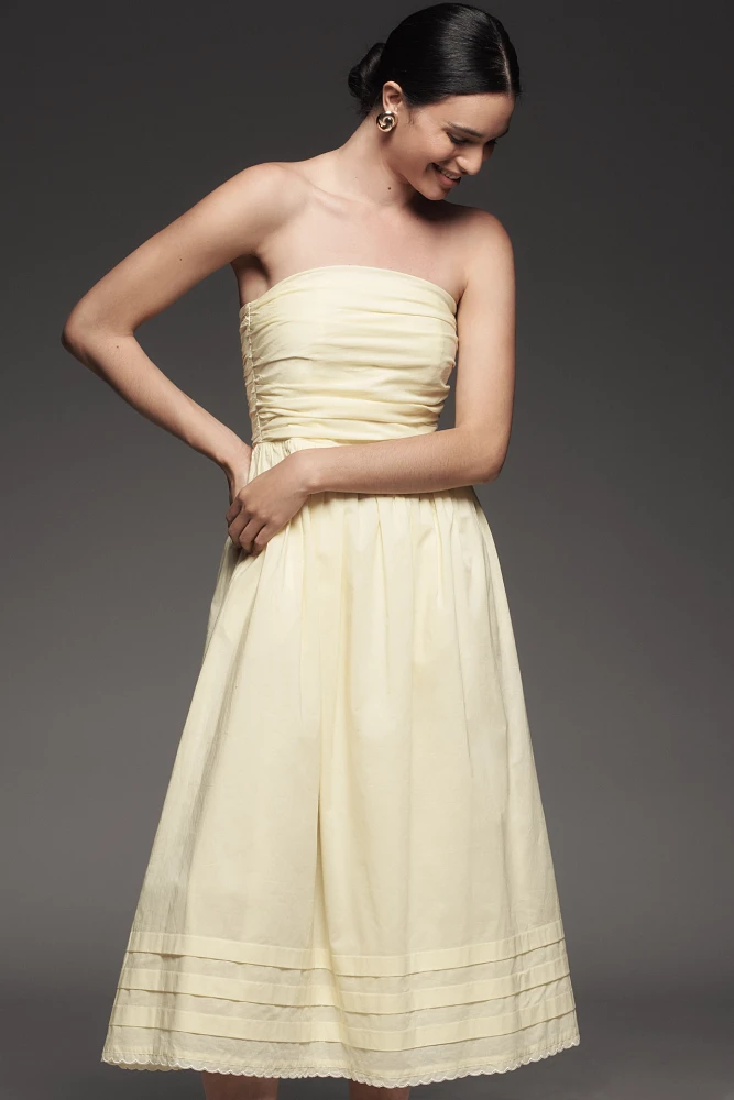 WAYF Cotton Strapless Pleated Midi Dress