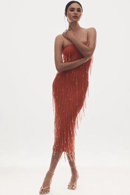 Delfi Collective Amala Strapless Crystal-Fringe Slim Midi Dress