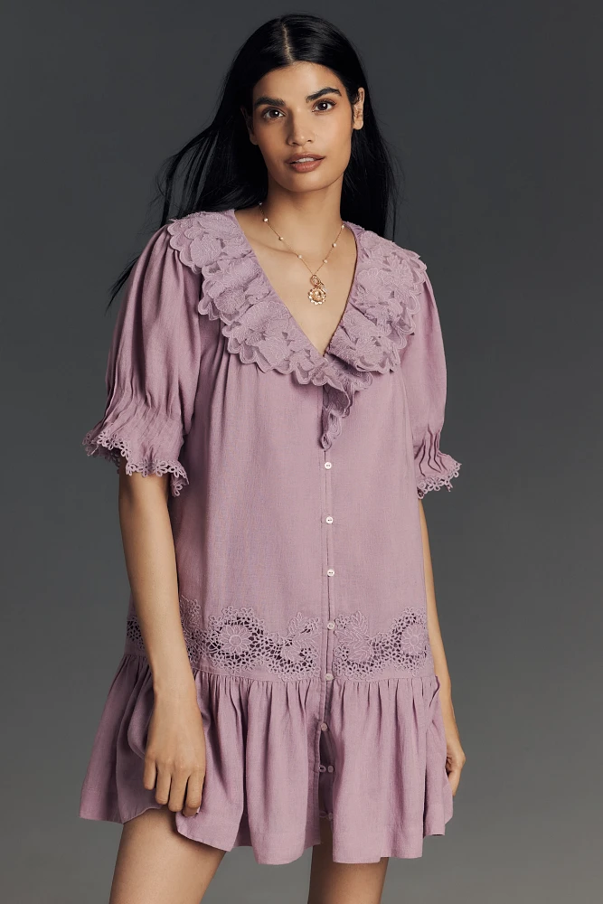 By Anthropologie Linen Blend Puff-Sleeve V-Neck Tunic Mini Dress