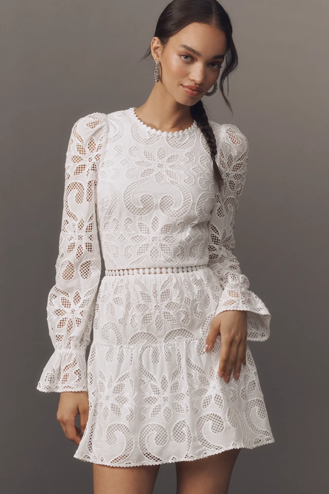 Saylor Marilla Long-Sleeve Eyelet Lace Mini Dress