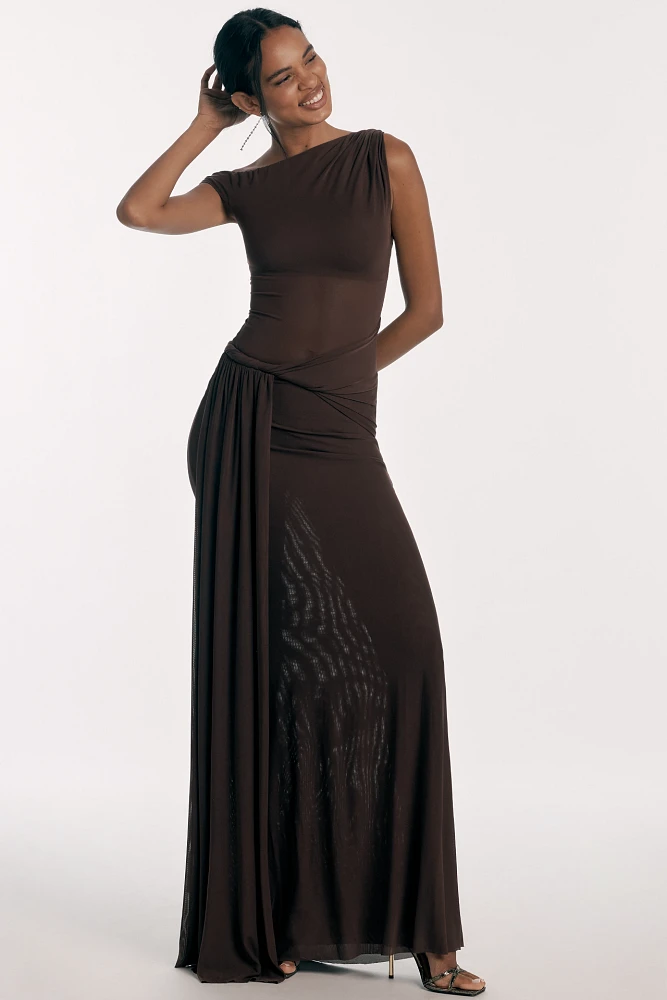 MISHA Sisal Asymmetrical Draped Mesh Maxi Dress