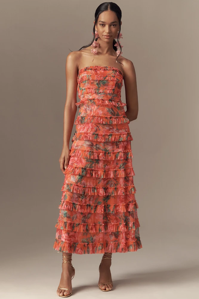 Mac Duggal Strapless Tiered Ruffled A-Line Midi Dress
