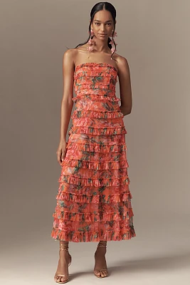 Mac Duggal Strapless Tiered Ruffled A-Line Midi Dress