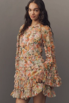Mac Duggal Long-Sleeve Ruffled Mini Dress