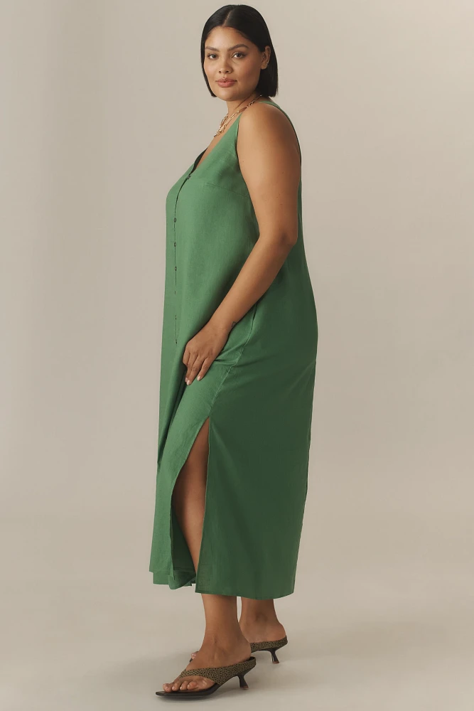 Universal Standard Plus Islet Button-Front Linen Blend Midi Dress