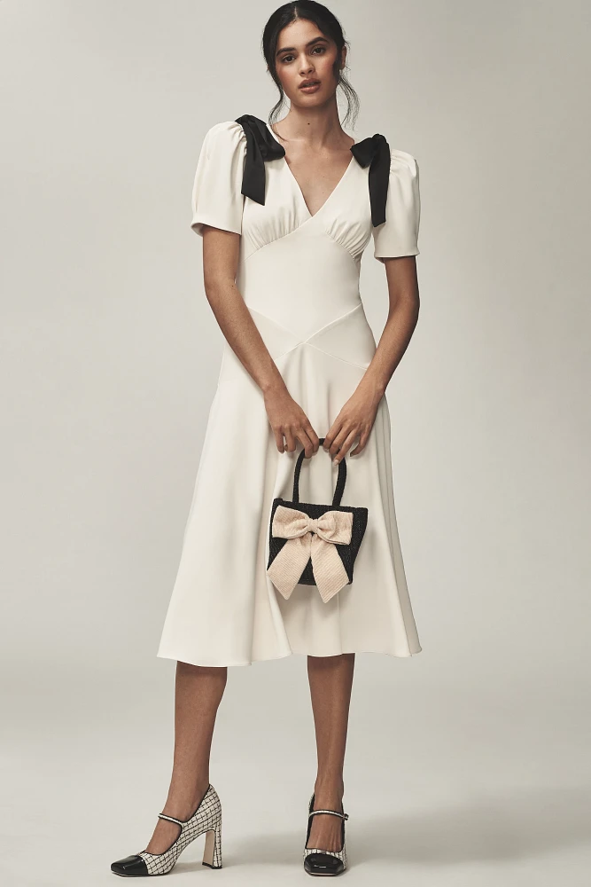 ASTR The Label Celia Puff-Sleeve V-Neck Midi Dress
