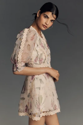 Arose Studio Alkia Puff-Sleeve Lace-Trim Mini Dress