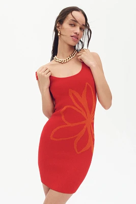 Flat White Sleeveless Square-Neck Flower-Printed Knit Mini Dress