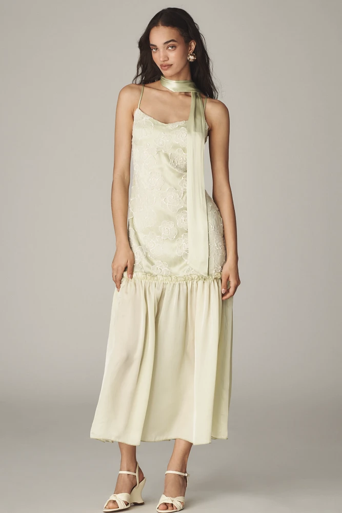 By Anthropologie Sleeveless Embroidered Drop-Waist Midi Dress with Scarf