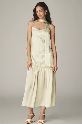 By Anthropologie Sleeveless Embroidered Drop-Waist Midi Dress with Scarf
