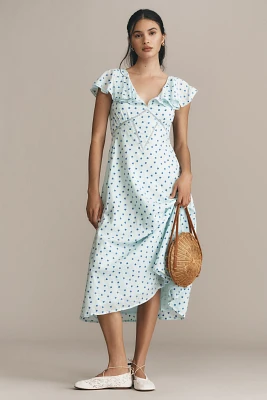 Mille Eloise Flutter-Sleeve V-Neck Midi Dress