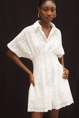 The Tobie Button-Front Pleated Eyelet Mini Shirt Dress by Exquise