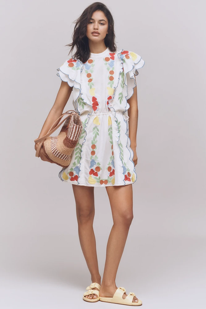 Farm Rio x Anthropologie Embroidered Ruffle mini Dress