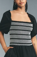 By Anthropologie Puff-Sleeve Square-Neck Smocked Mini Dress